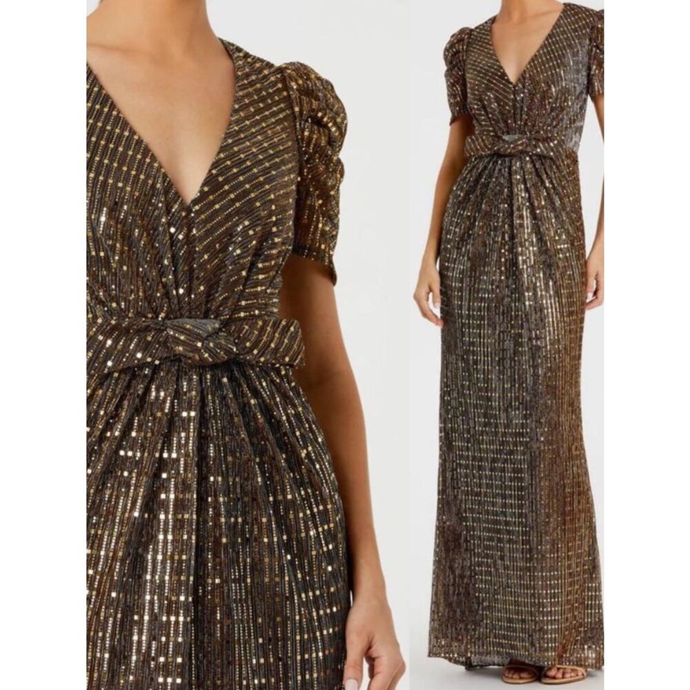 MAC DUGGAL 26661 Bow Waist Metallic Gown Bronze Short Sleeve  $398